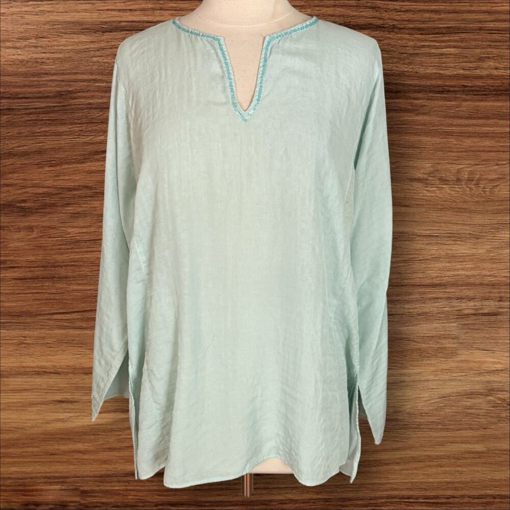 Eileen‎ Fisher Silk Blend Tunic Top Sz L Pale Mint Sequin Edged Neck Side Slits